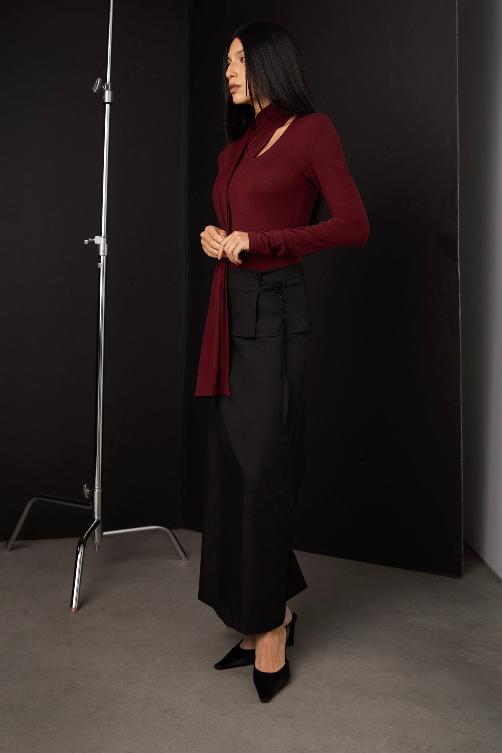 SCARF DRAPED LONG SLEEVE TOP